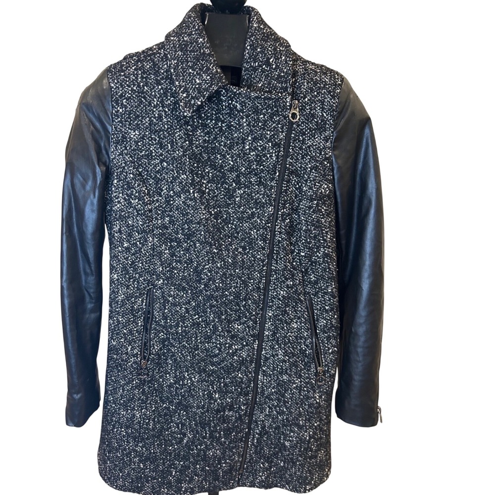 Y2K‎ Laundry by Design Womens Tweed Moto Jacket Faux Leather Sleeve M